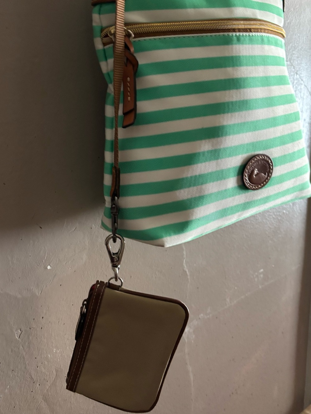 Dooney & Bourke Mint Green and White Striped Crossbody with Tan Leather Trim - Picture 7 of 11